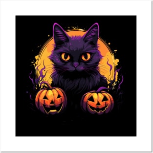 Cartoon Halloween Black Cat with Pumpkins Posters and Art